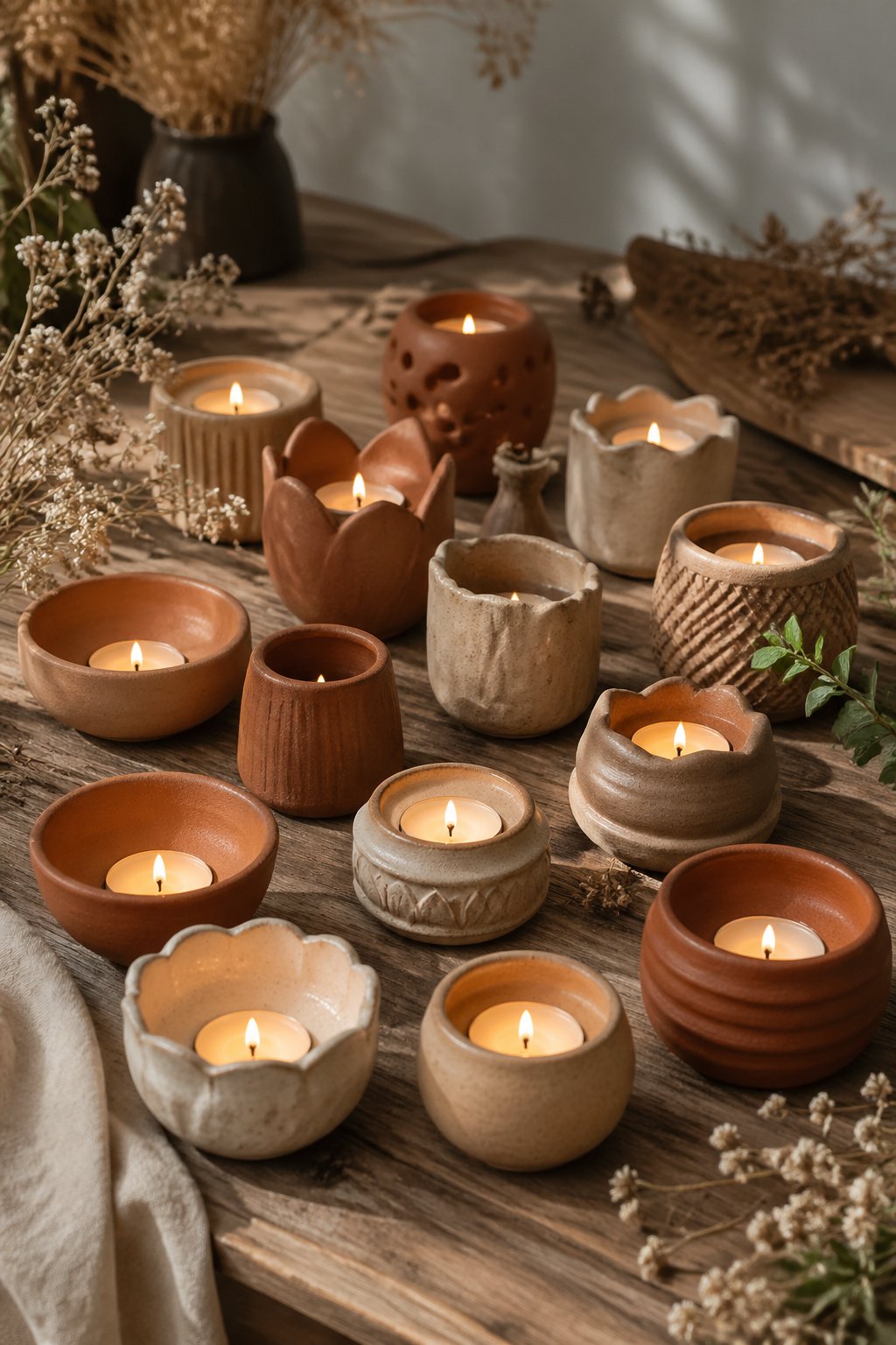 A group of 13 handmade clay candle holders with lit candles arranged on a wooden table surrounded by dried flowers and greenery.