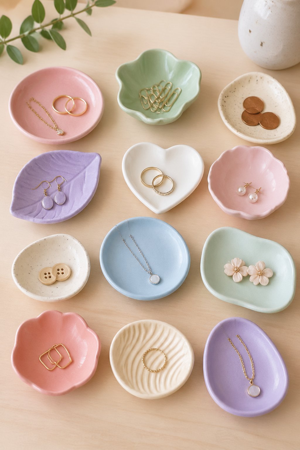 A collection of 12 small colorful clay dishes holding jewelry and tiny objects arranged on a wooden surface.