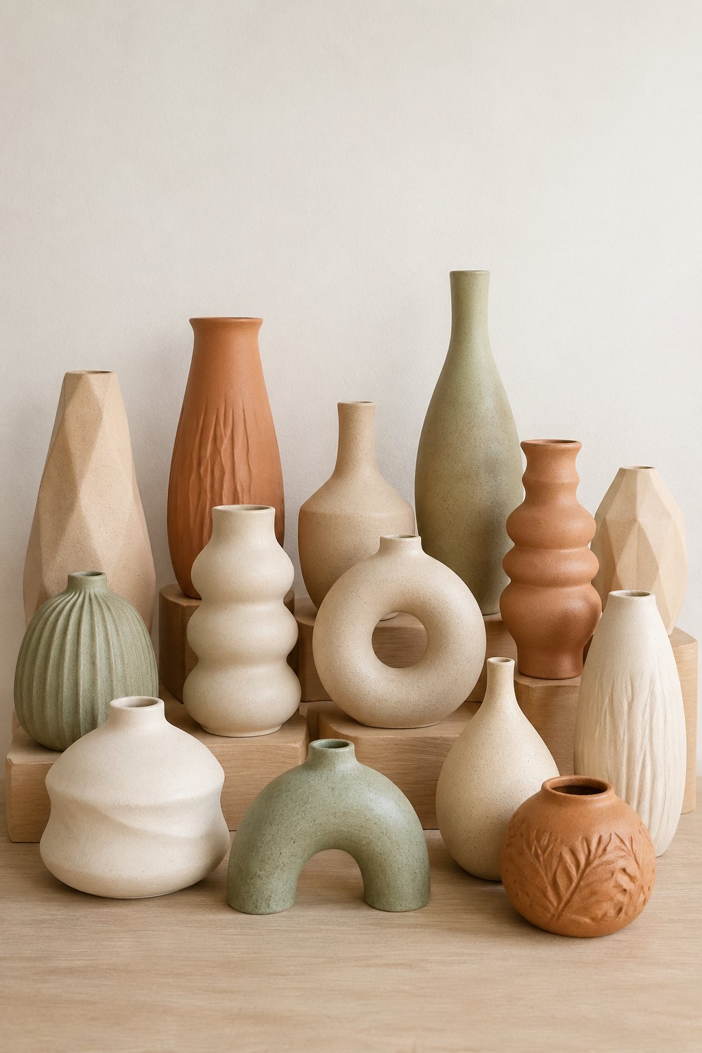 A collection of 13 different air dry clay vases in various shapes and soft earth tones arranged on a wooden surface against a plain background.