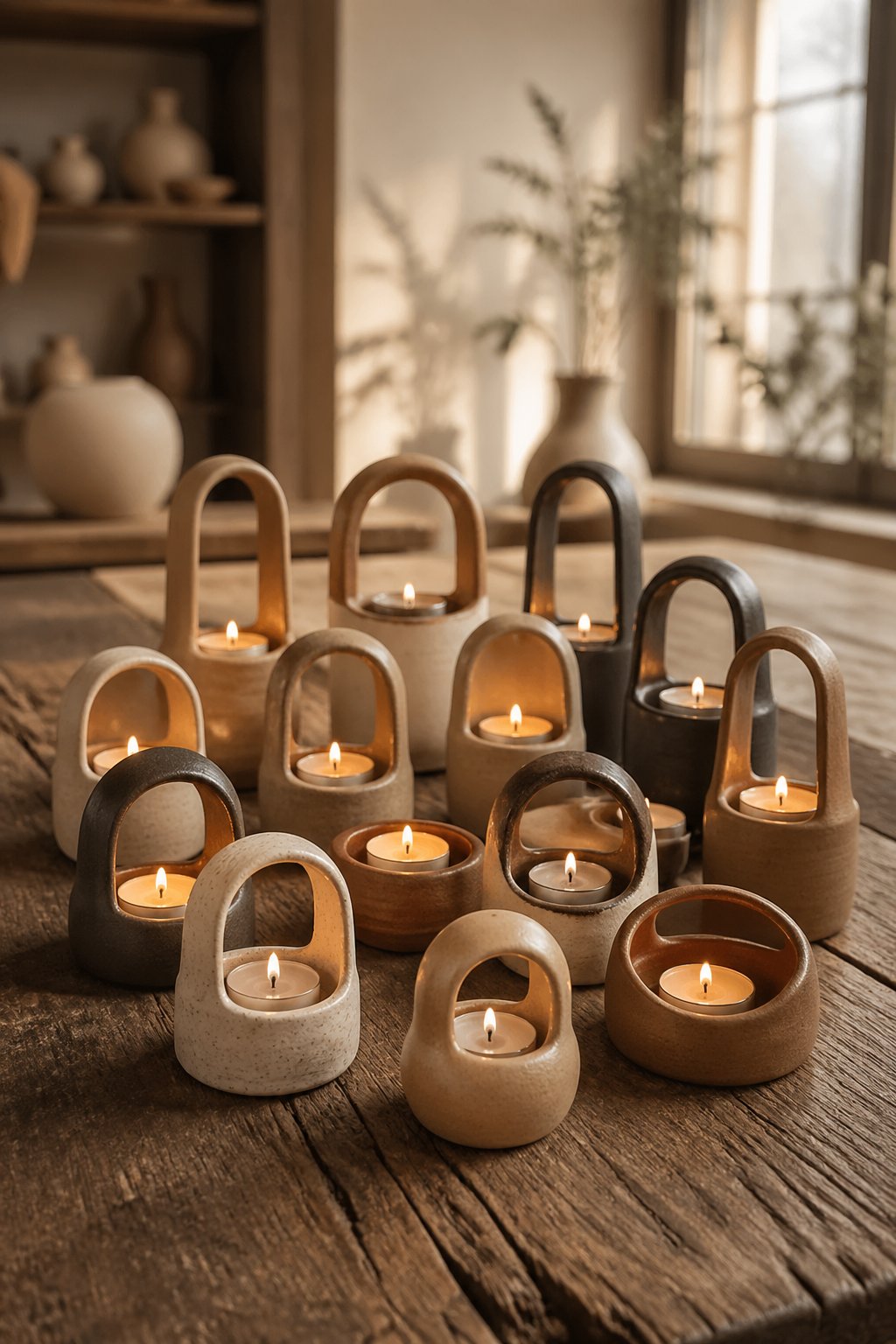 A group of clay candle holders with arch-shaped handles holding lit candles on a wooden surface, creating a warm and cozy atmosphere.