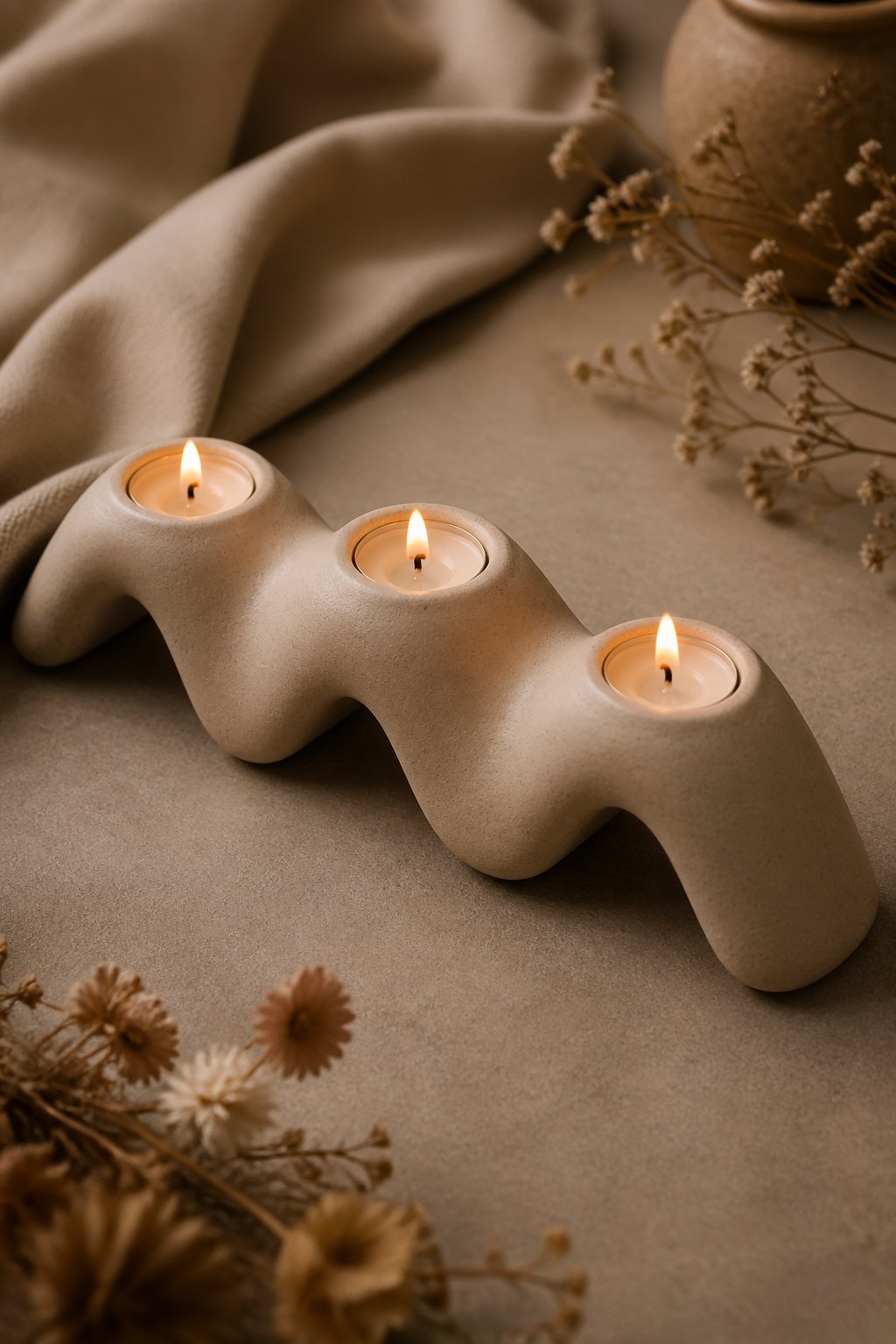 A handmade clay candle holder shaped like a wavy bridge holding lit candles on a neutral surface with soft natural decor around it.