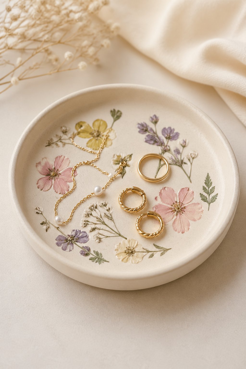 A clay trinket tray with pressed flowers holding small jewelry items on a neutral surface.