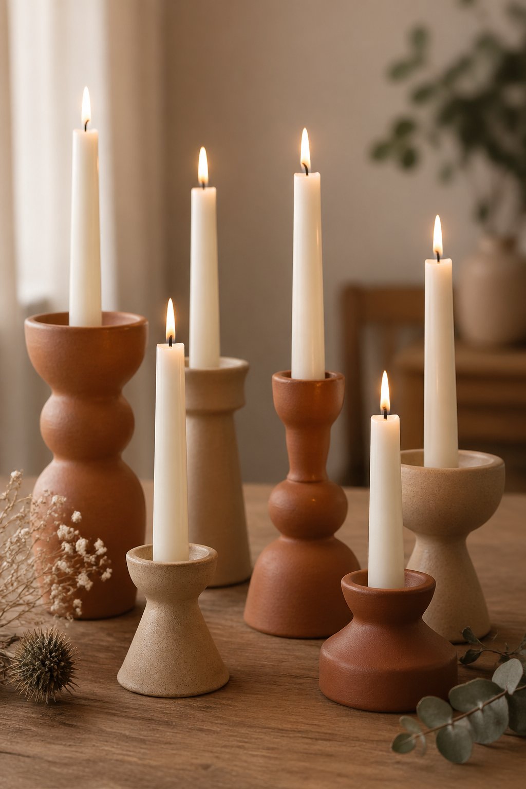 A set of clay taper candle holders with lit white candles arranged on a wooden surface, surrounded by dried flowers, creating a warm and inviting atmosphere.