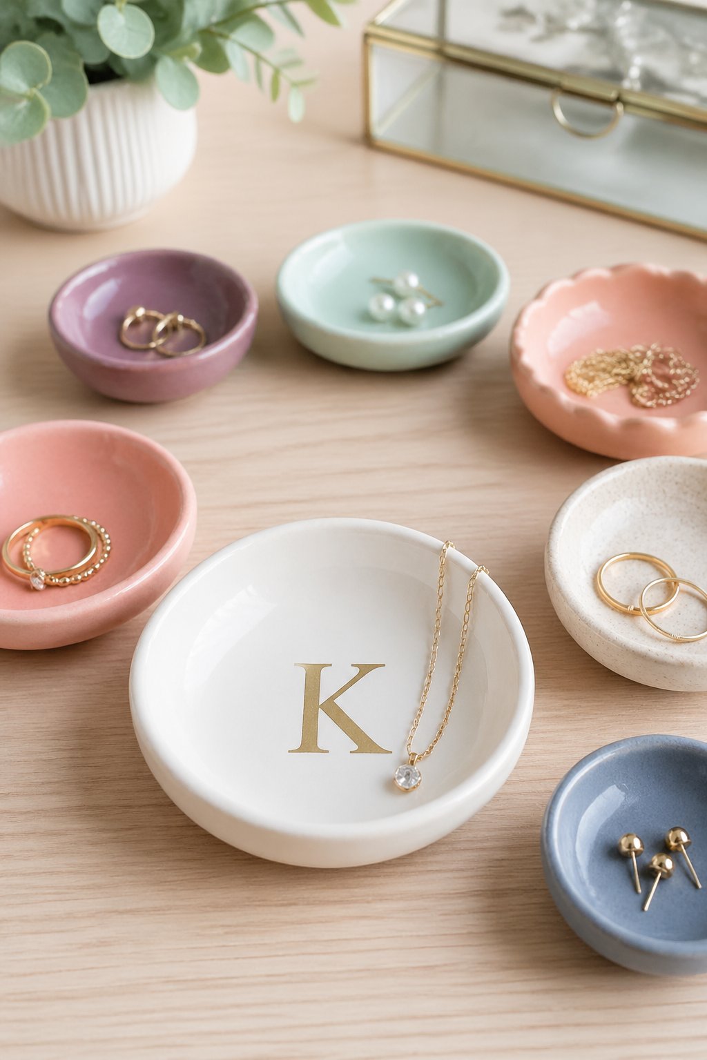 A personalized initial jewelry dish surrounded by small clay trinket dishes holding rings and earrings on a wooden surface.