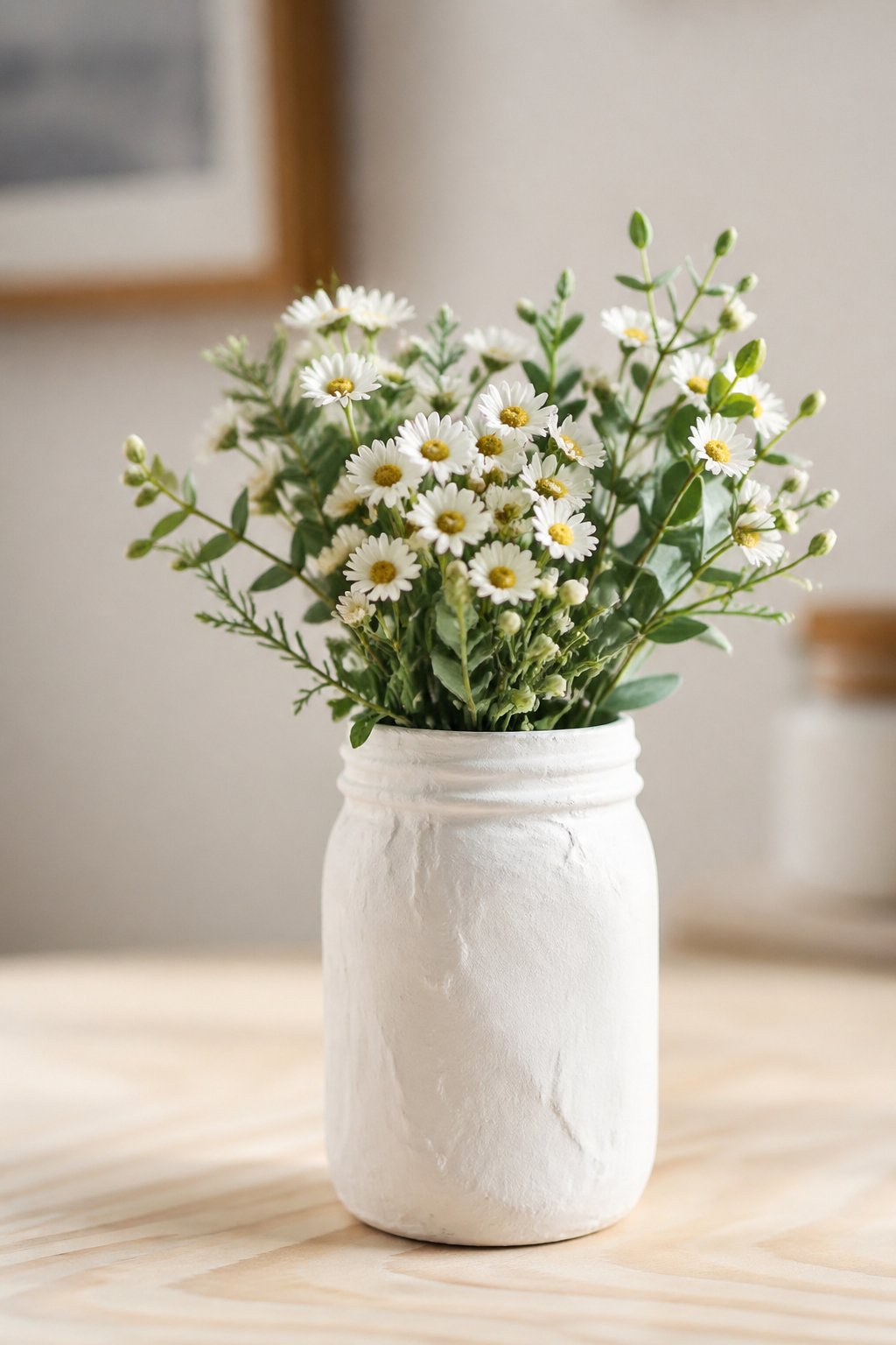 A jam jar covered with white clay used as a vase holding small white flowers and green leaves on a light wooden surface.