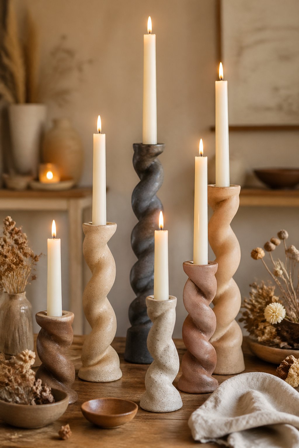 A group of clay twisted spiral taper candle holders with lit candles on a wooden table surrounded by dried flowers and small decorative items.