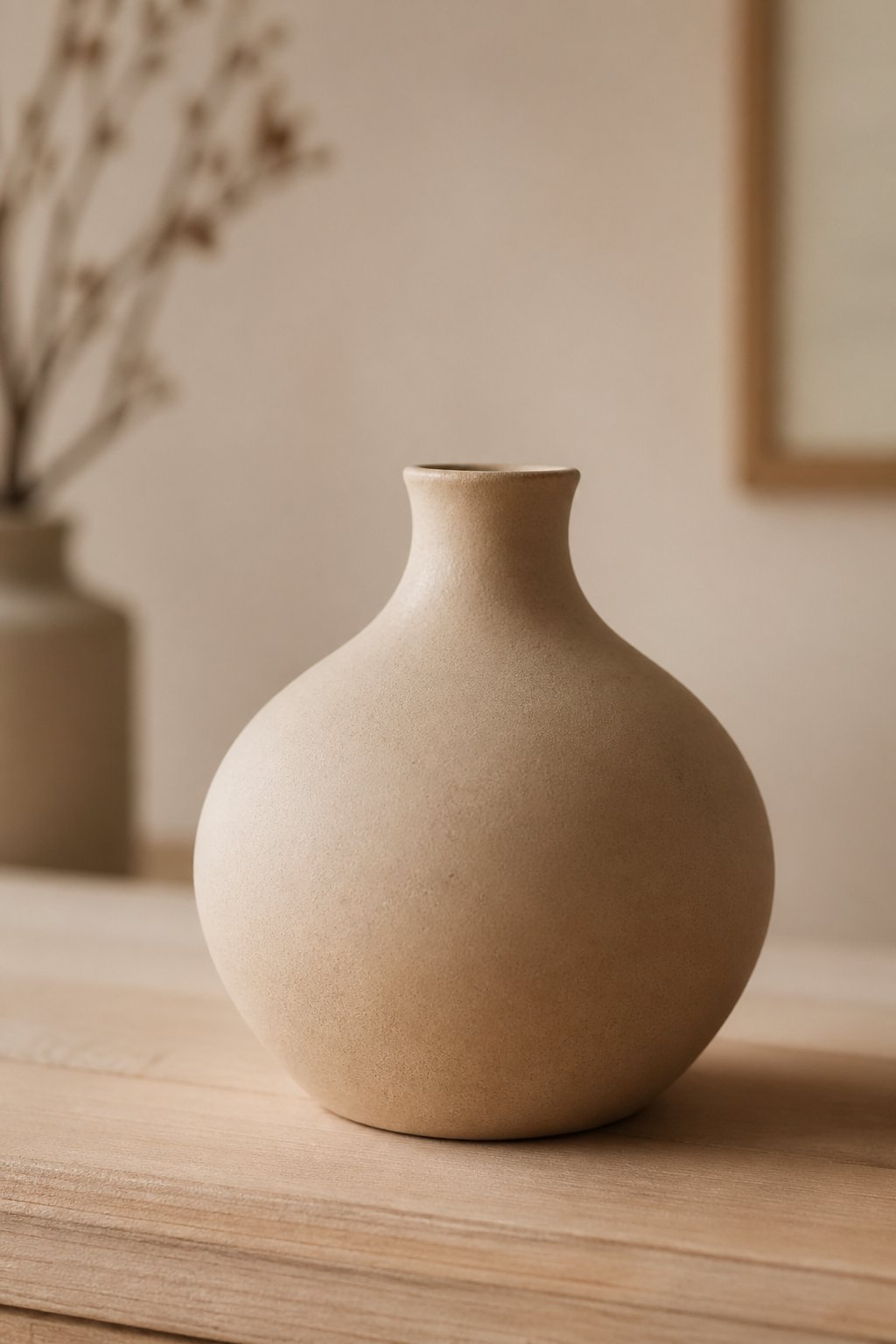 A round belly vase with a narrow neck made of clay sitting on a wooden surface with a blurred neutral background.