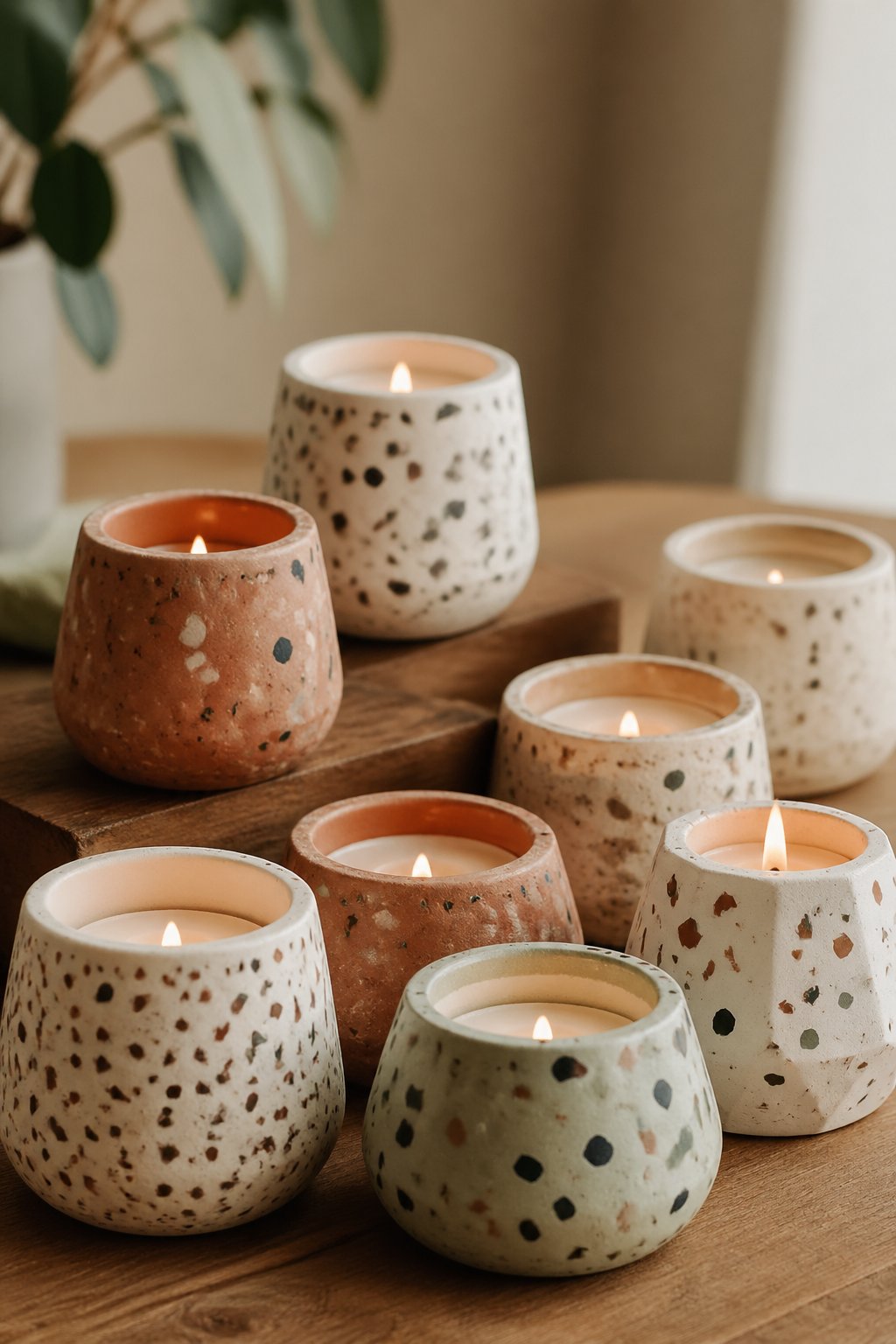 A collection of clay candle holders with lit candles arranged on a wooden surface, creating a warm and inviting atmosphere.