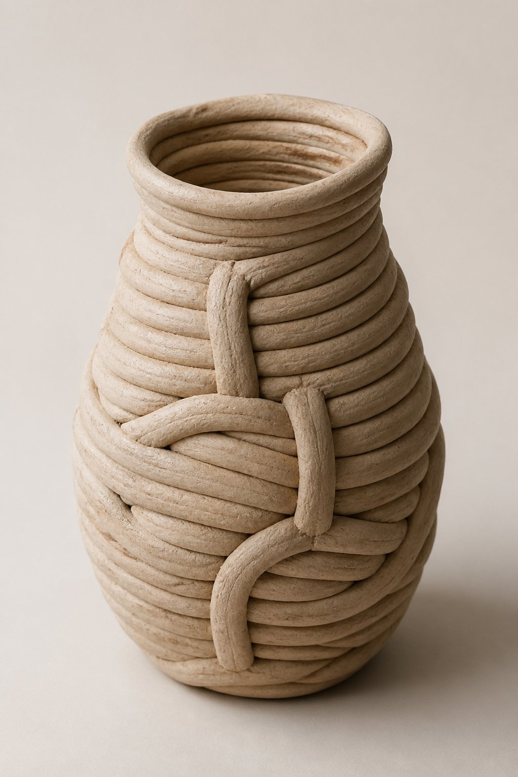 A textured coil vase made from air dry clay displayed on a plain background.