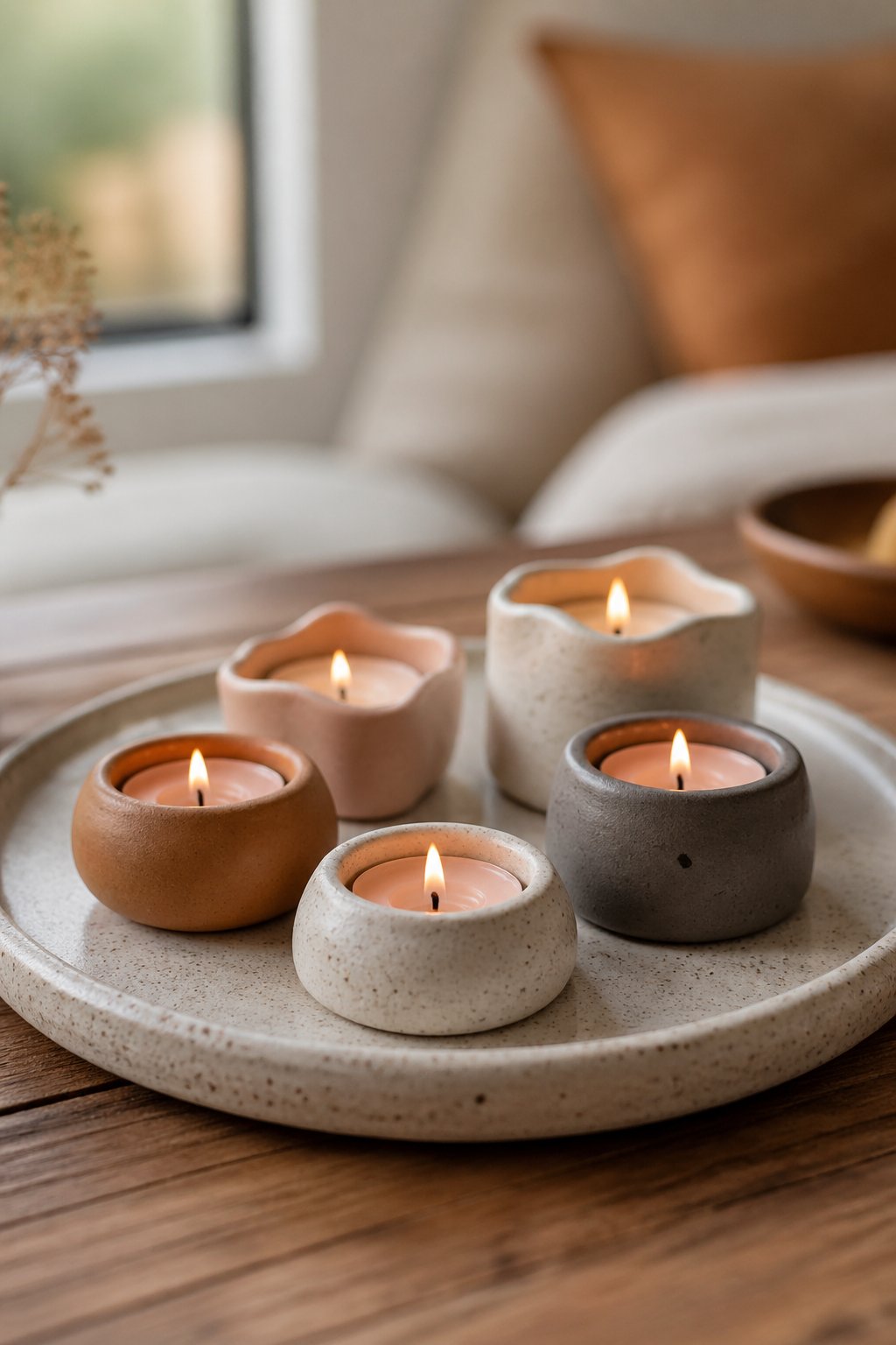 A speckled ceramic tray holding several small clay candle holders with lit candles on a wooden surface.