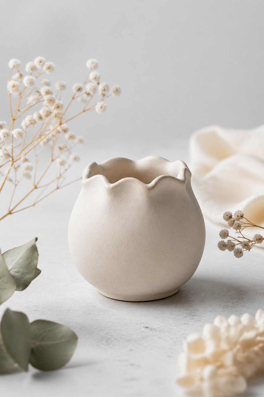 A small scalloped rim vase made of air dry clay displayed with dried flowers on a plain background.