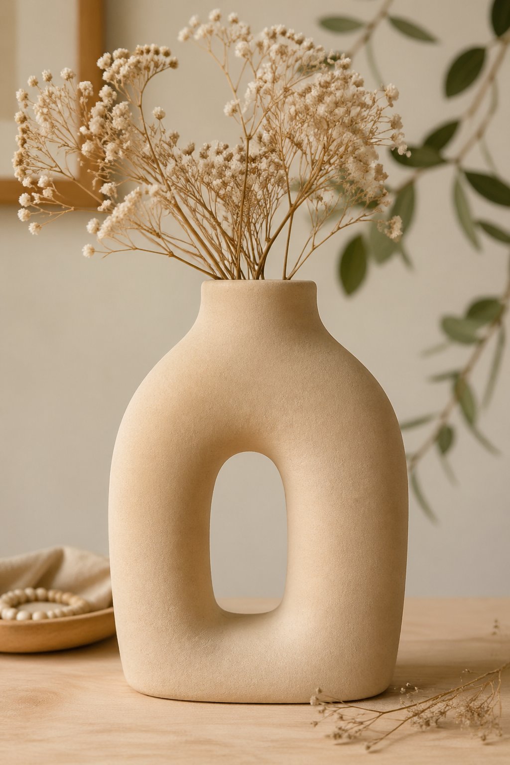 A clay vase with an arch-shaped cutout on a wooden surface surrounded by dried flowers and soft natural light.