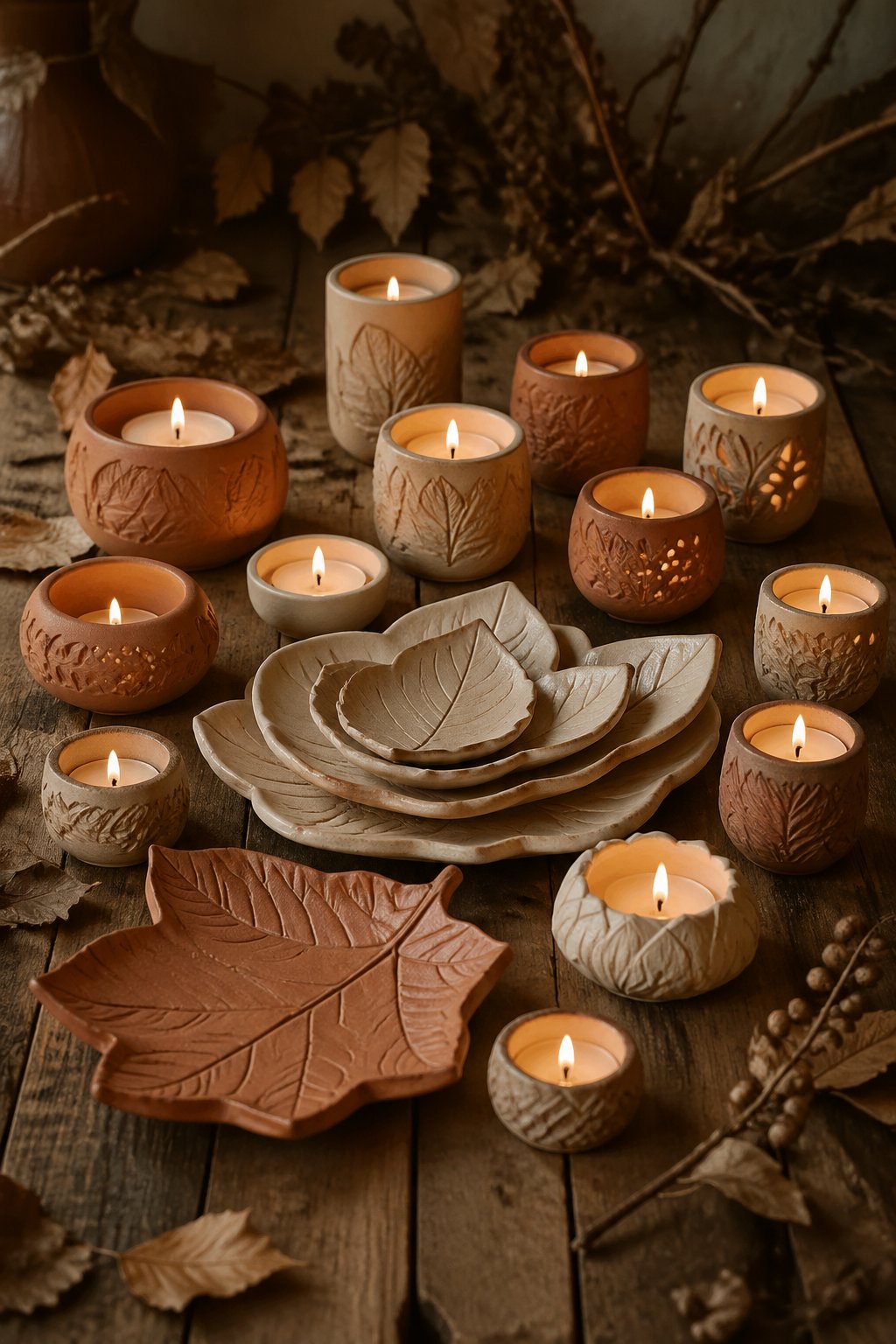 A collection of leaf-shaped clay plates and handmade clay candle holders with lit candles arranged on a wooden table.