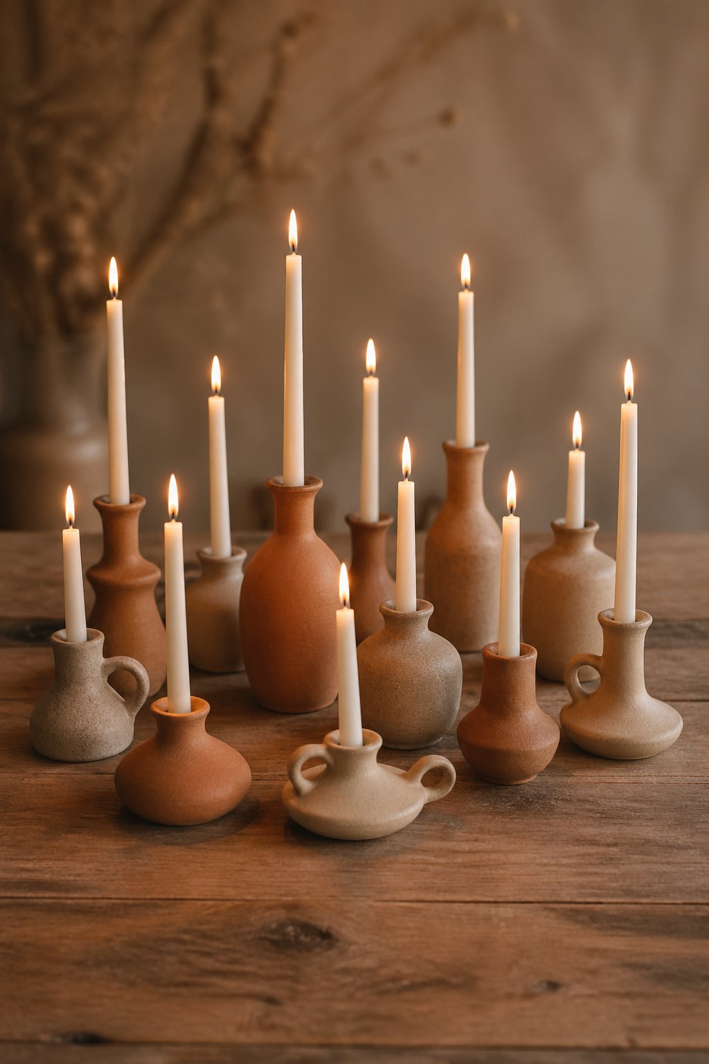 A group of handmade clay candle holders with lit taper candles arranged on a wooden surface, creating a warm and cozy atmosphere.