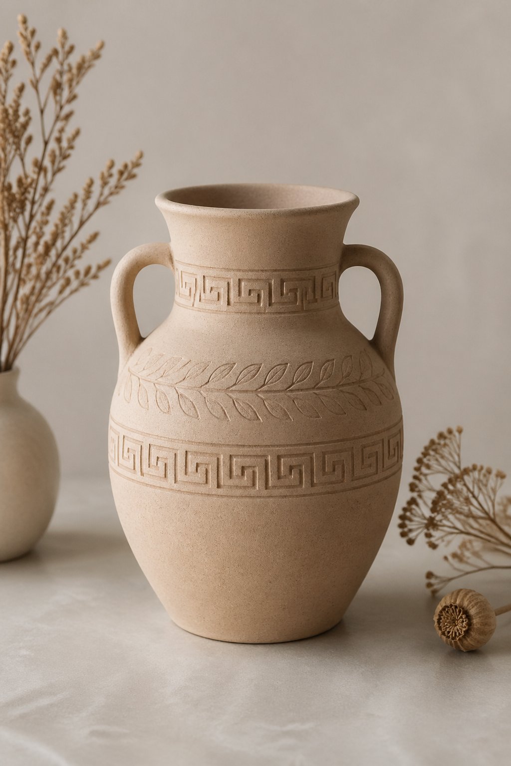 A hand-shaped clay vase with Greek-inspired patterns displayed on a neutral surface with dried flowers nearby.