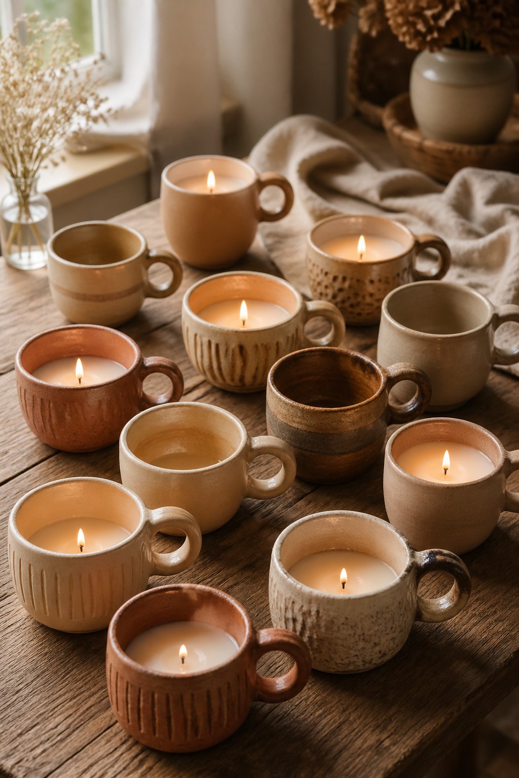 A collection of handmade clay candle cups with loop handles, some holding lit candles, arranged on a wooden table with soft natural light.