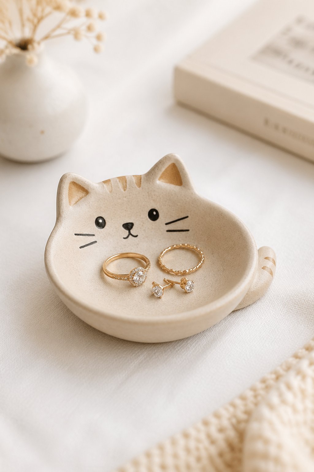 A small animal-shaped cat ring bowl holding jewelry on a light surface.