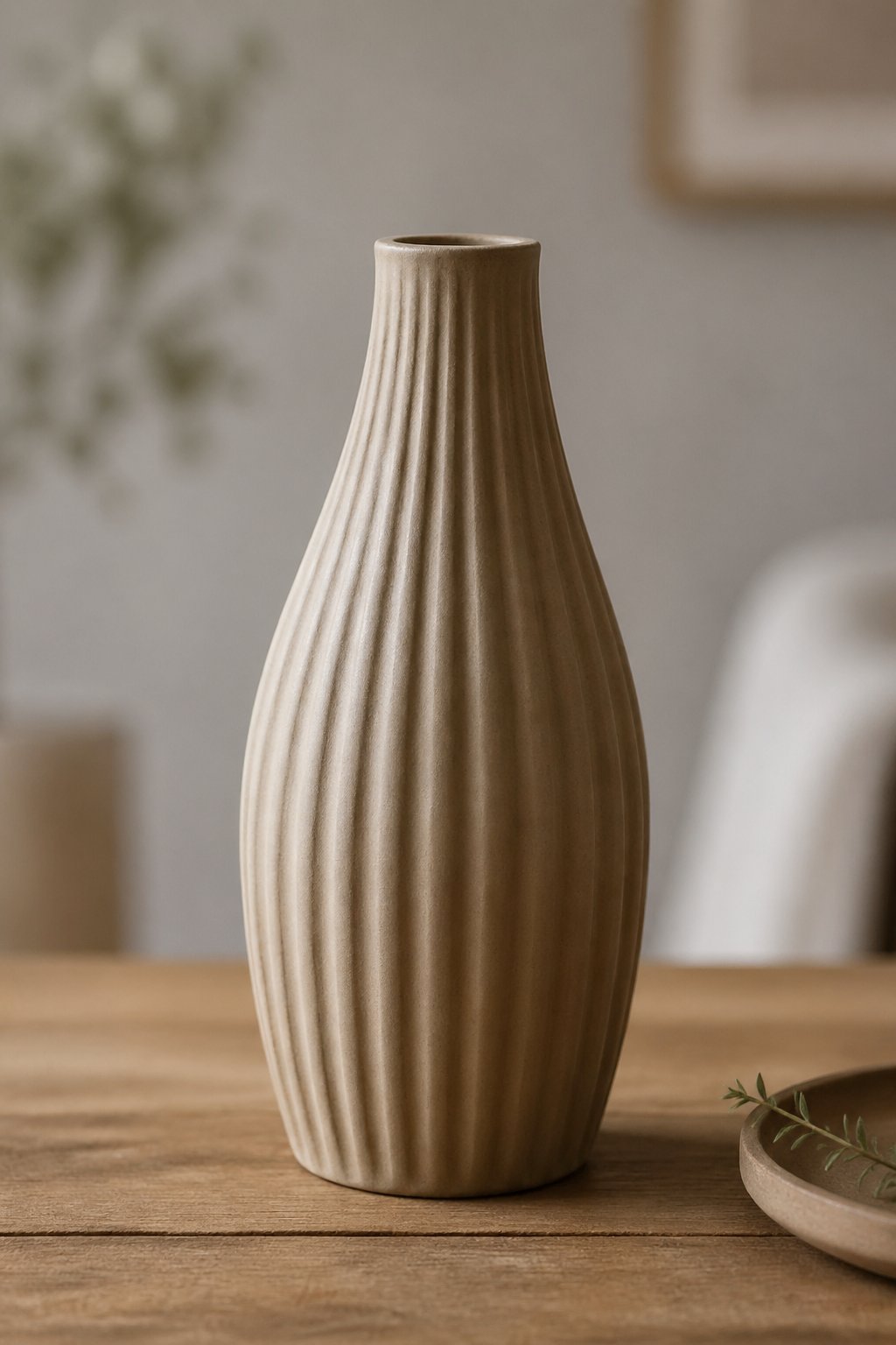 A ribbed bottle-shaped vase made of clay sitting on a wooden surface with a blurred neutral background.