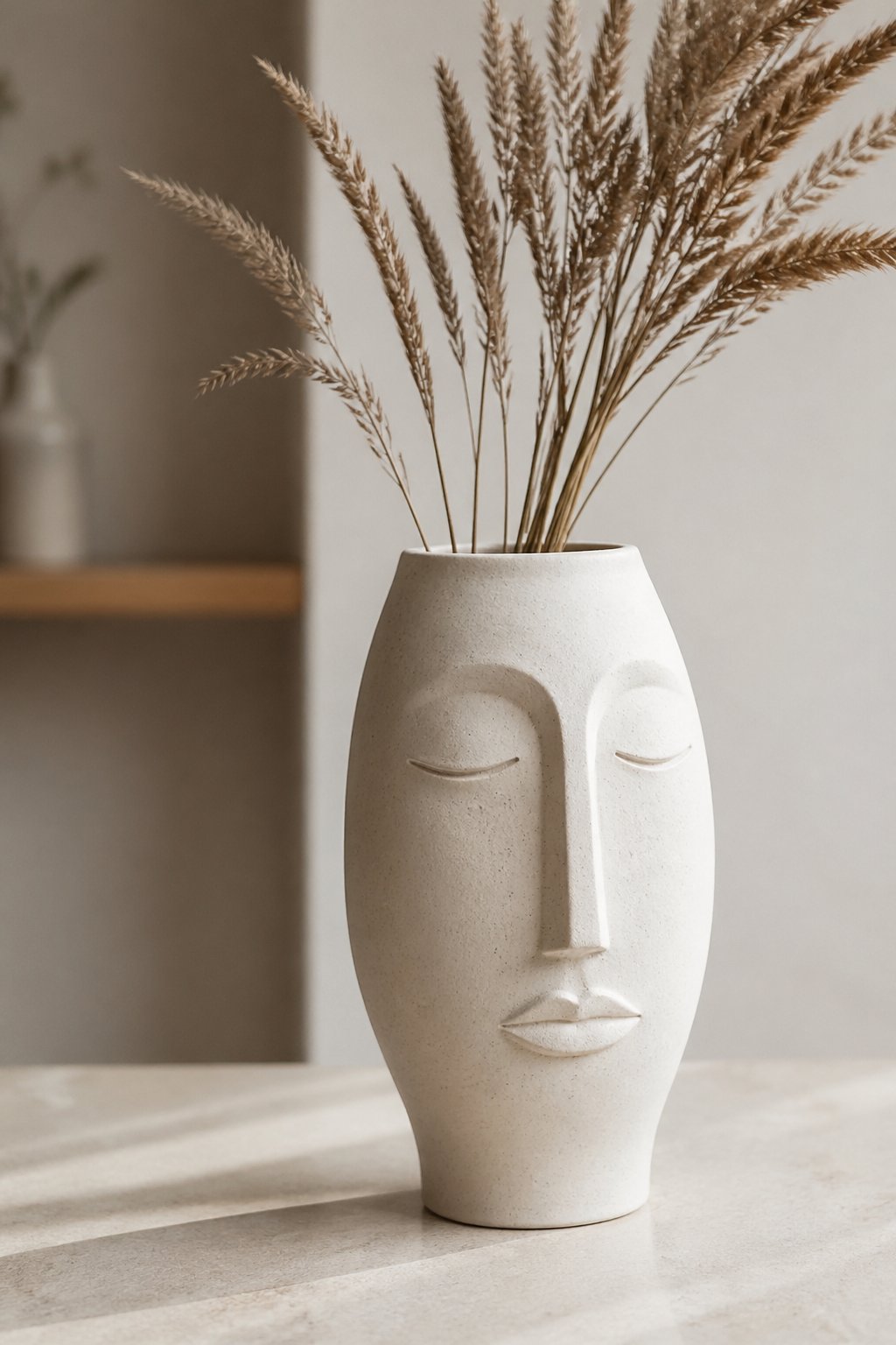 A clay vase shaped like a human face with simple line details, placed on a neutral surface with soft lighting.