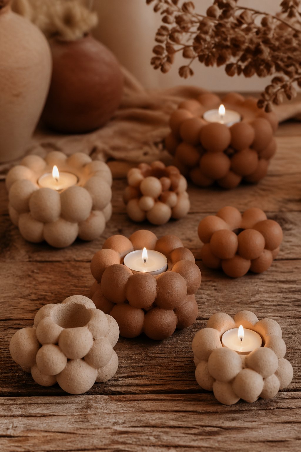 A group of handmade clay candle holders with bubble designs arranged on a wooden surface, some holding lit candles.