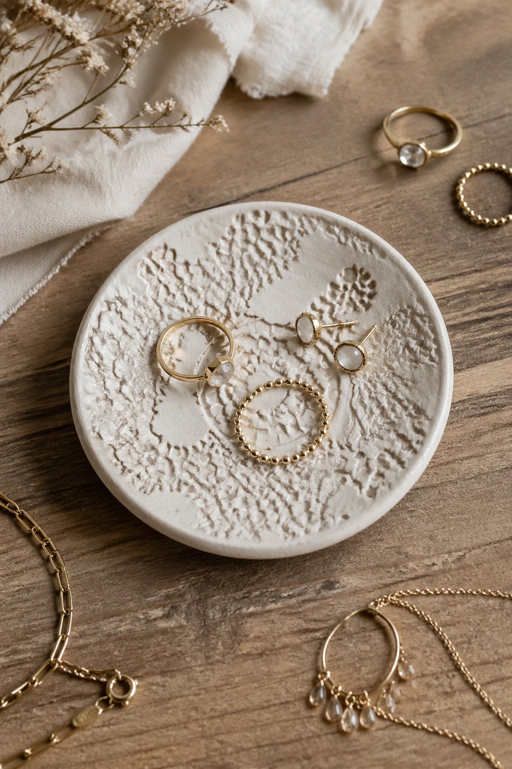 A small clay dish with lace patterns holding rings and earrings on a wooden surface.
