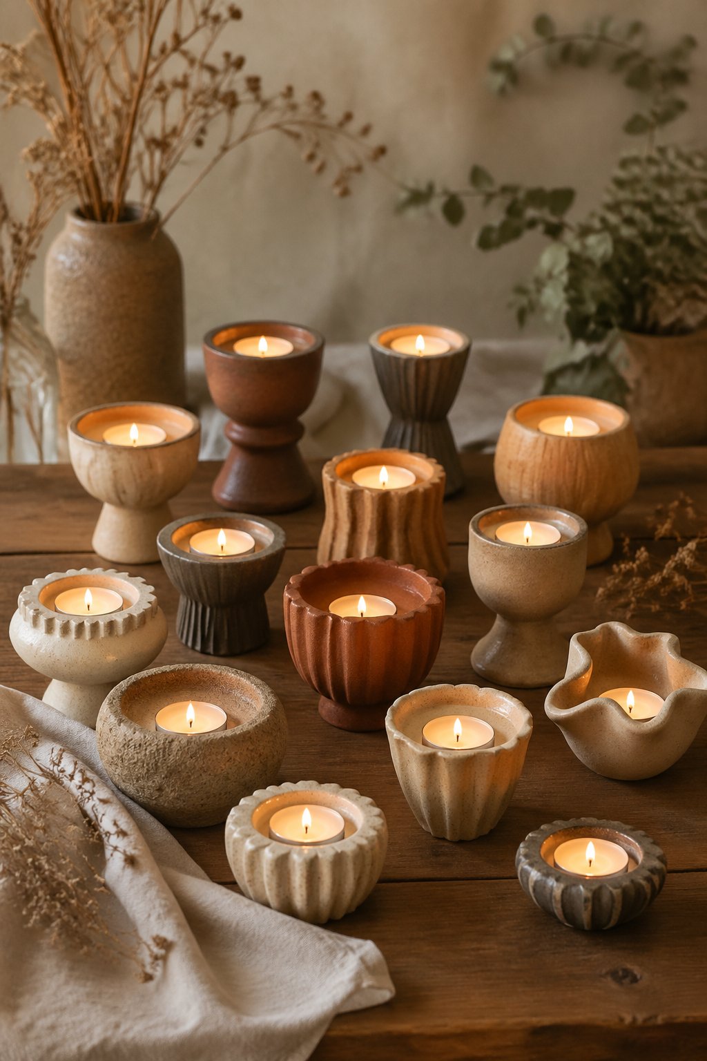 A collection of clay candle holders with lit candles arranged on a wooden surface surrounded by natural decorative elements.