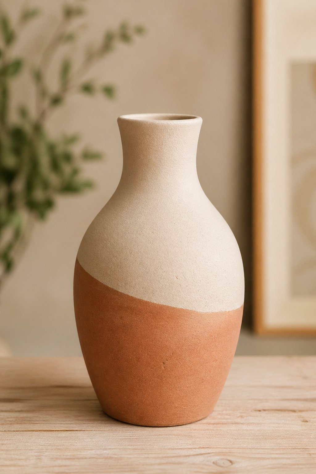 A two-tone stoneware-style vase on a wooden surface with soft natural lighting and a blurred neutral background.