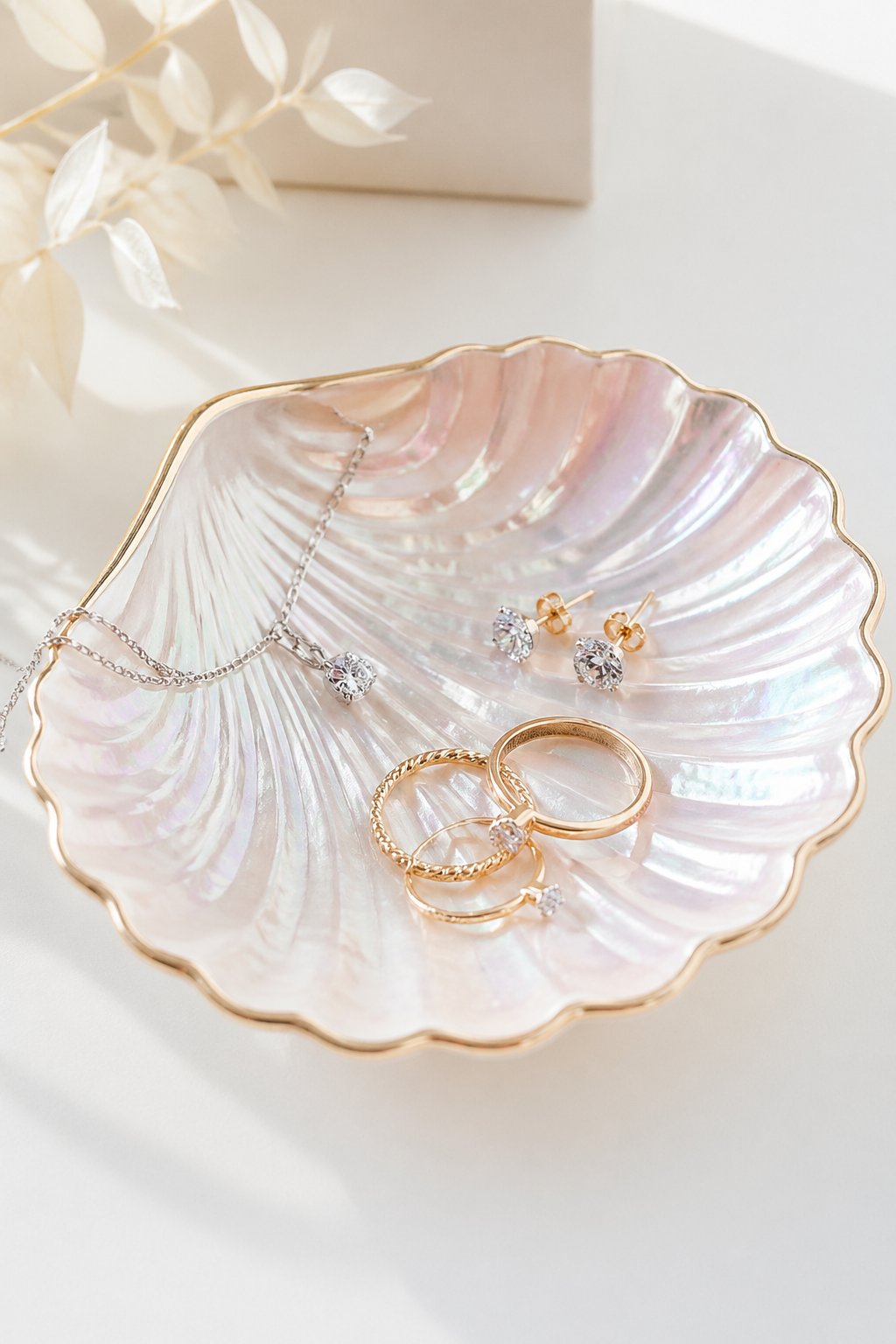 A shell-shaped iridescent dish holding small jewelry items on a white surface.