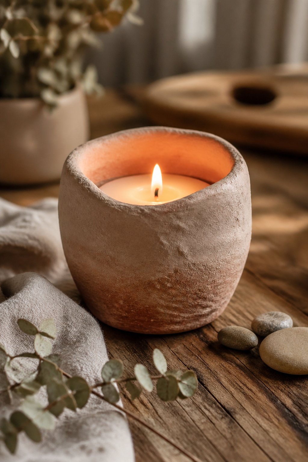A handmade clay candle holder with a lit white candle on a wooden surface surrounded by dried leaves and a linen cloth.