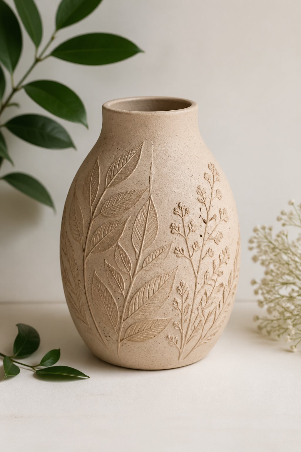 A clay vase with leaf patterns sits on a neutral surface surrounded by green leaves.