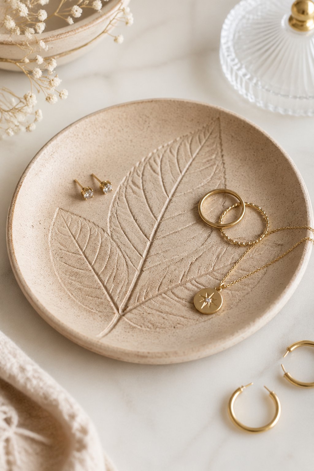 A round clay dish with a leaf imprint holding small jewelry items on a light surface.