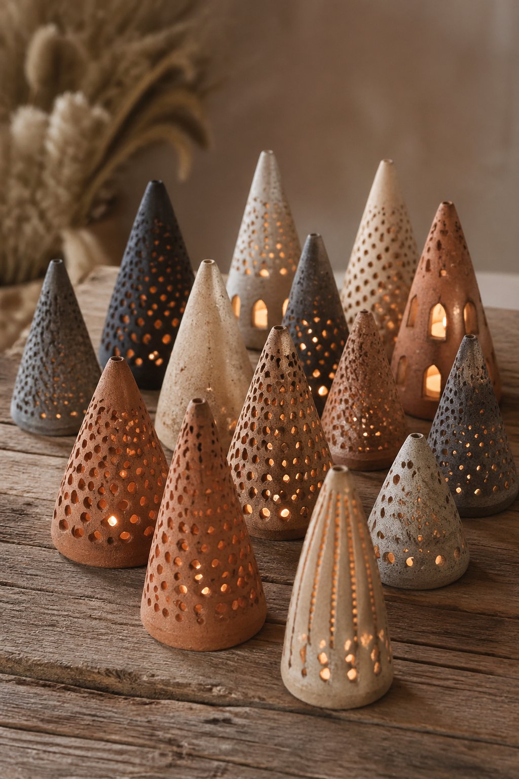 A collection of 13 handmade clay candle holders shaped like cone lanterns glowing softly on a wooden surface.