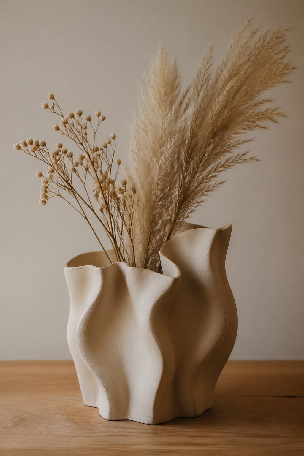 A wavy rim sculptural vase with dried flowers on a wooden surface against a neutral background.