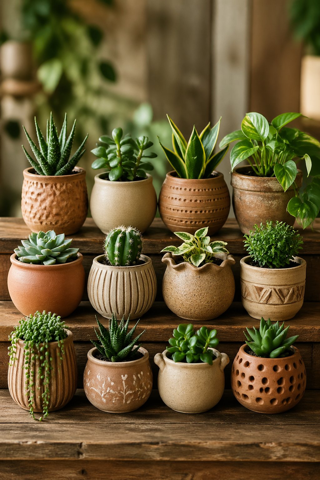 Twelve handmade clay planters with green plants arranged on a wooden table.