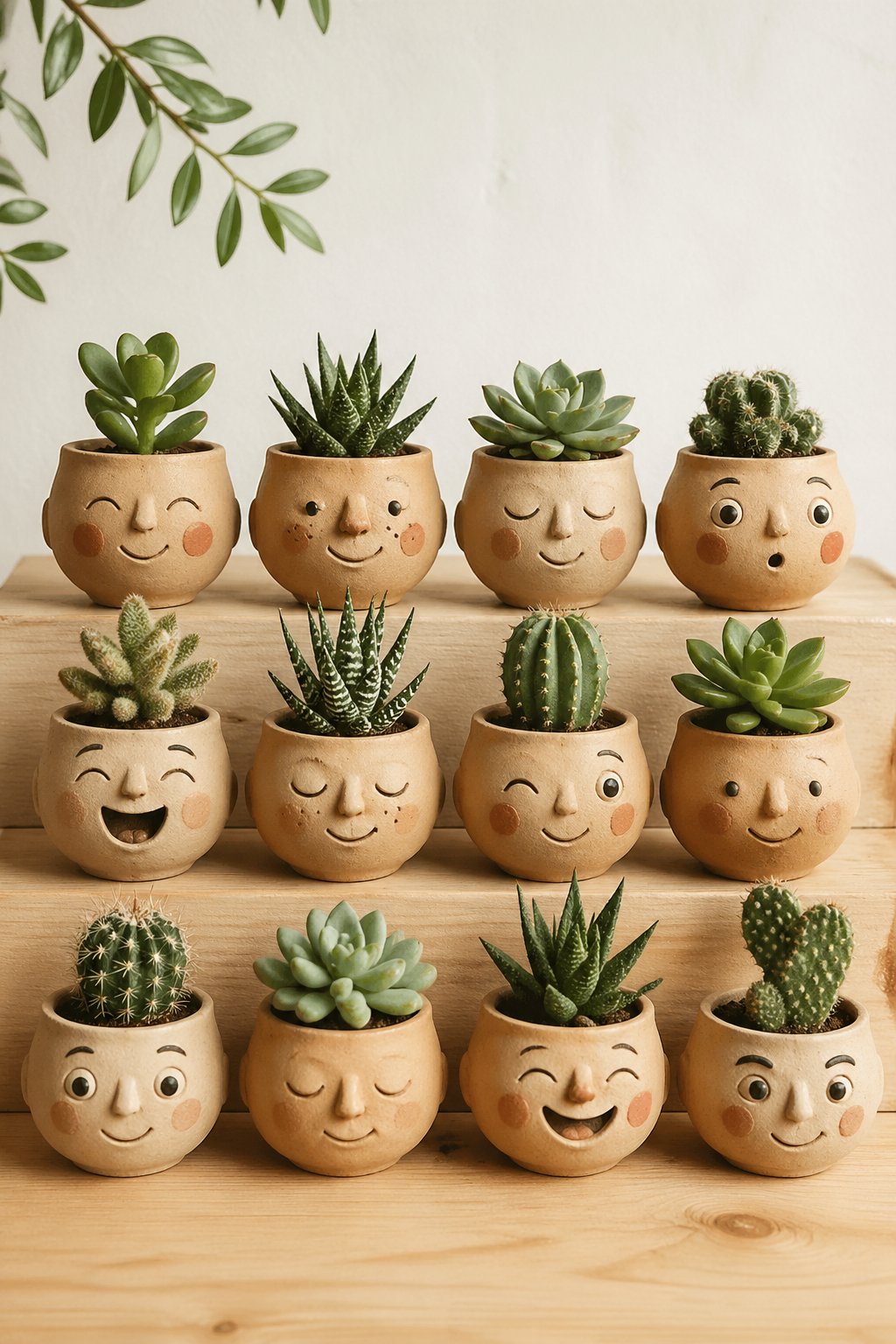 A collection of 12 small clay face planters with green succulents arranged on a wooden surface.