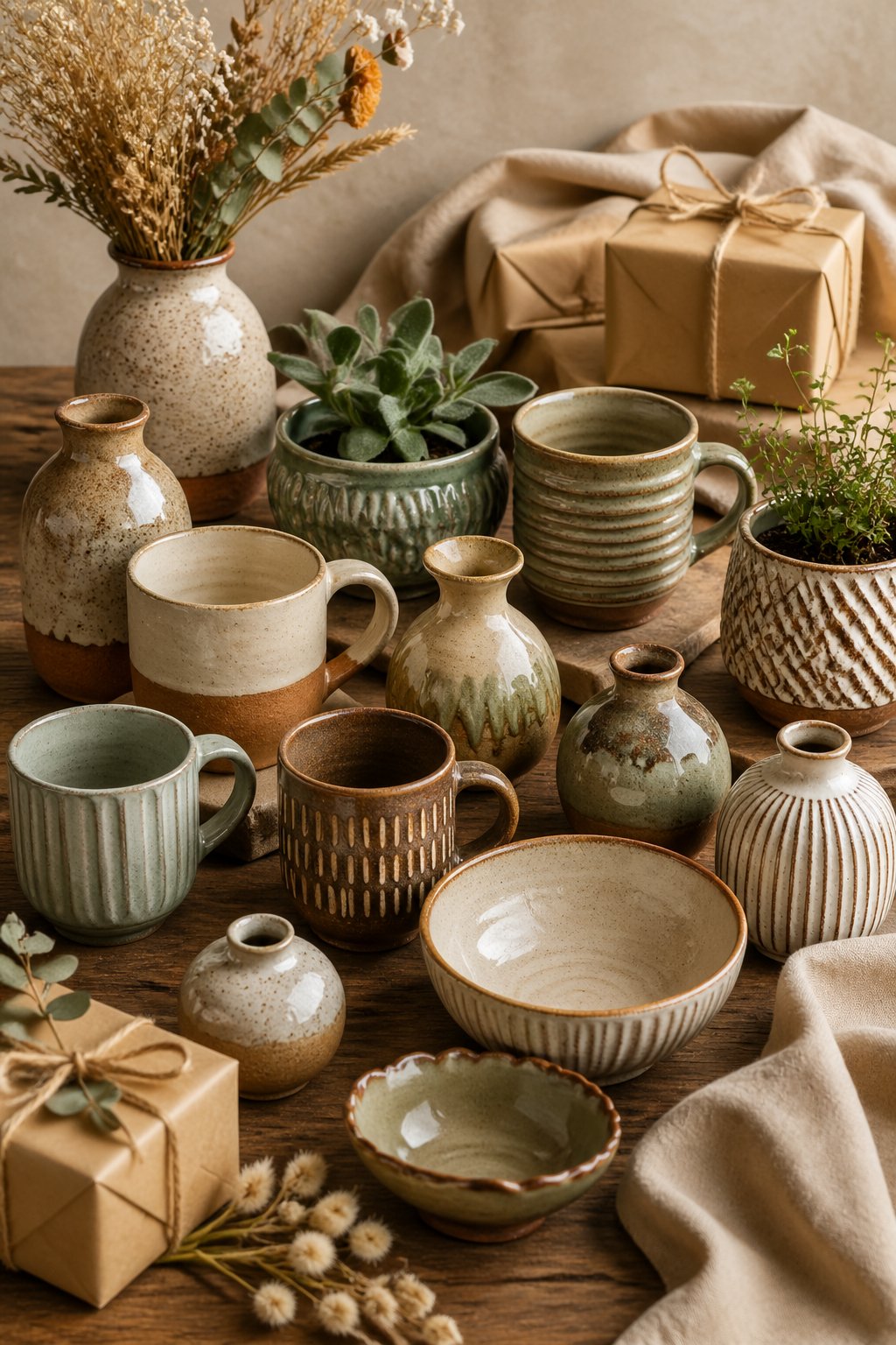 A collection of handmade pottery items including mugs, vases, and bowls arranged on a wooden table with dried flowers and wrapped gifts.