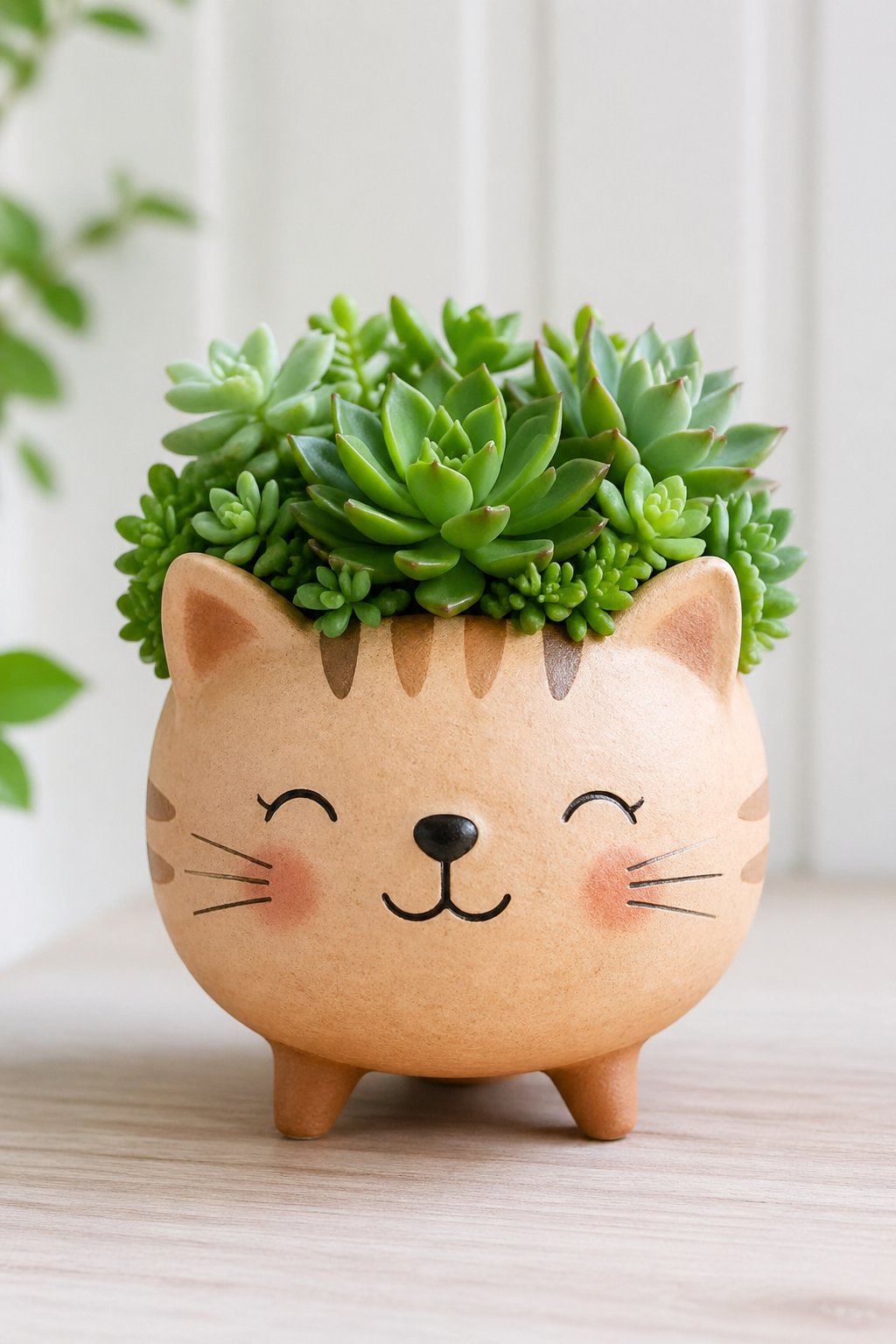 A clay animal-shaped planter holding green succulent plants arranged like hair on a neutral background.