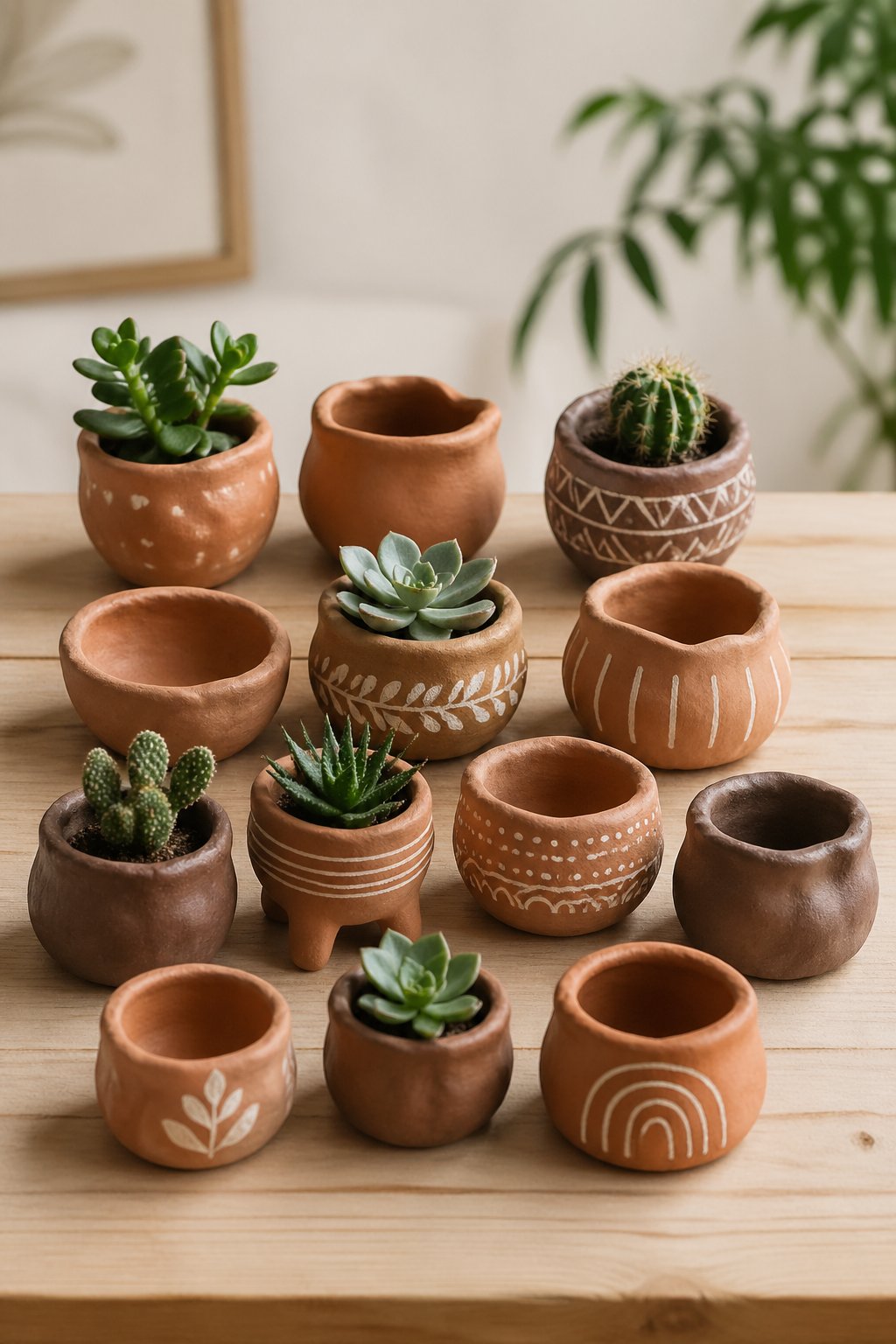 A collection of 12 handmade clay pinch pot planters arranged on a wooden surface, some holding small green plants.