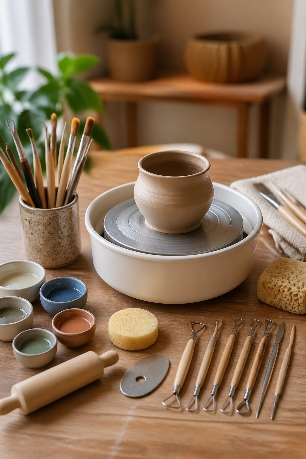 A pottery kit with clay, tools, brushes, and glazes arranged on a wooden table with a partially made clay pot.