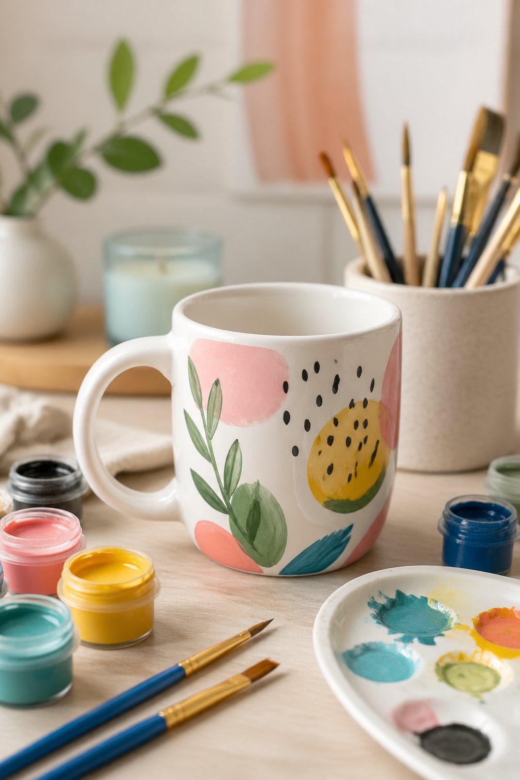 A partially painted white ceramic mug with paint pots and brushes arranged on a table in a bright, cozy workspace.