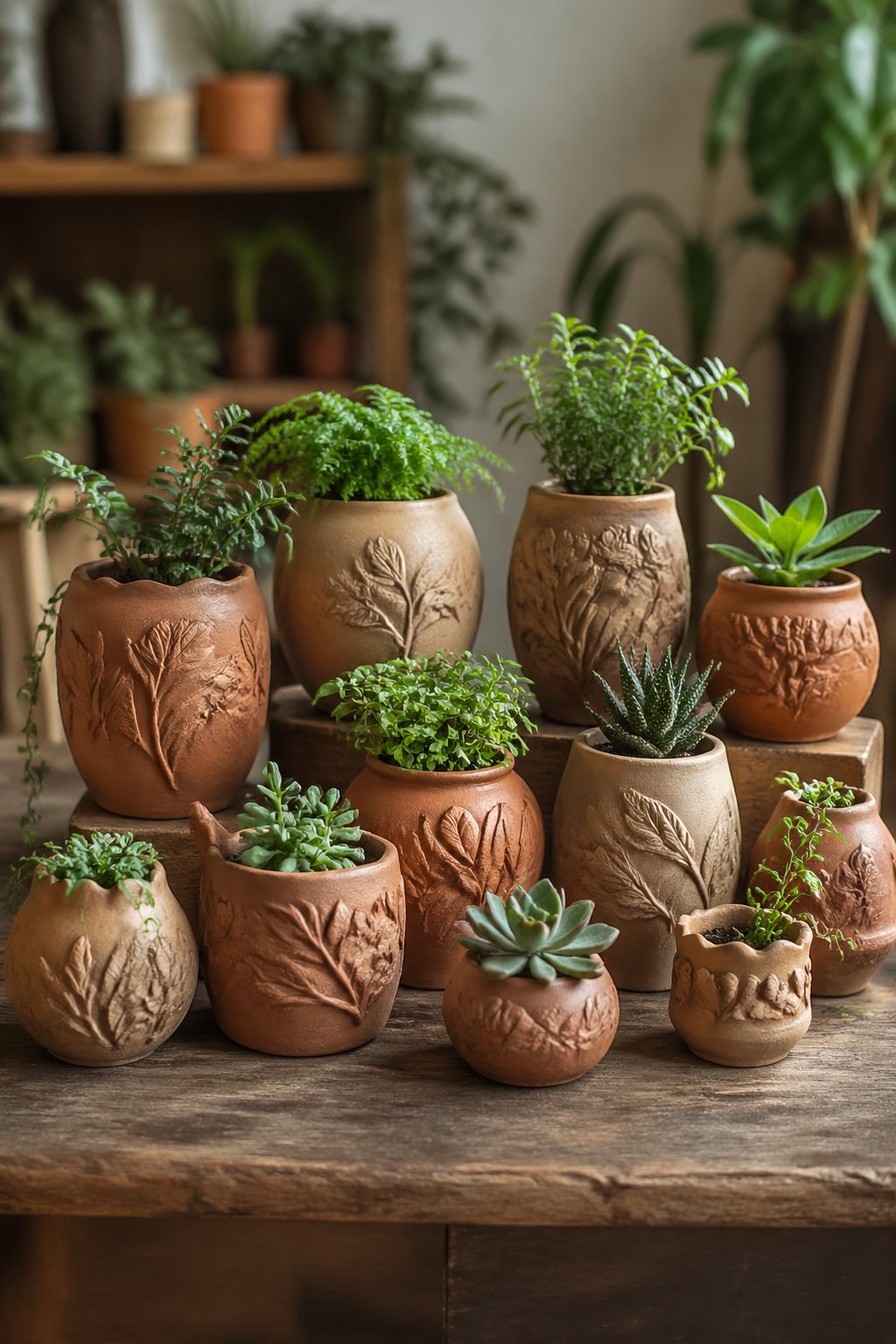 A collection of handmade clay planters with embossed nature designs, each holding green plants, arranged on a wooden table.