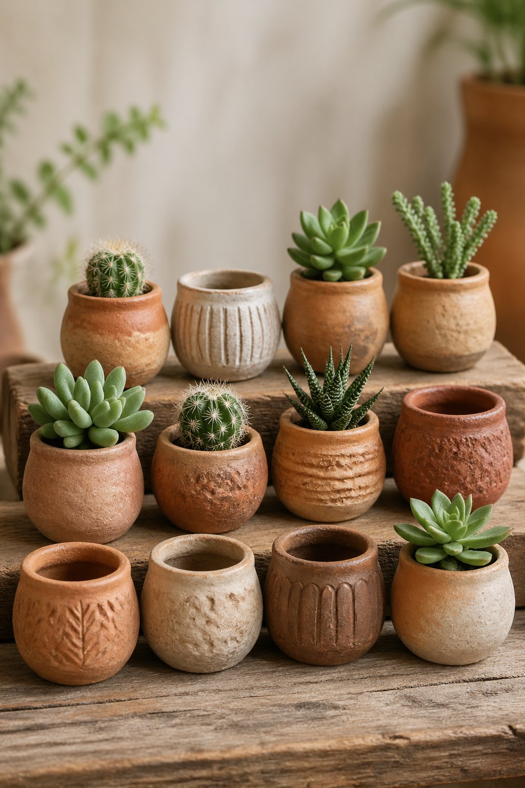 A collection of small textured clay pots, some with green plants, arranged on a wooden surface.