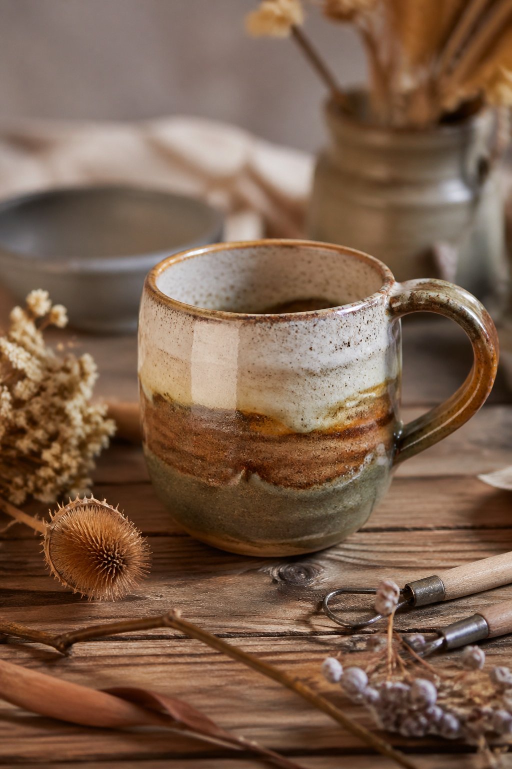 A handmade pottery mug on a wooden table surrounded by dried flowers and pottery tools.