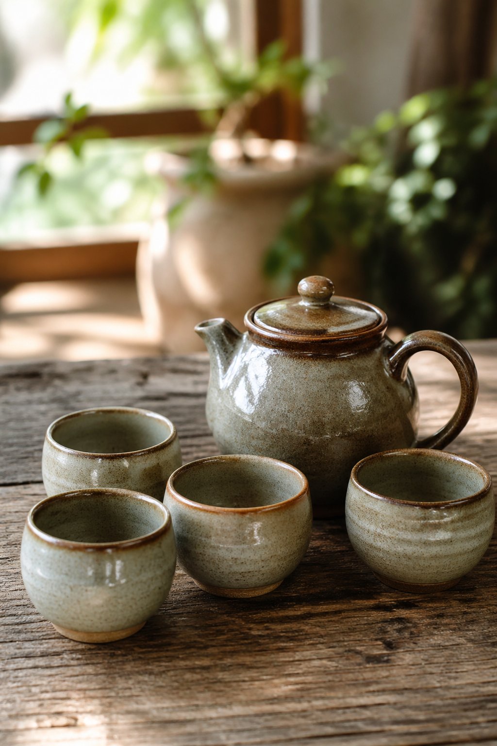 A hand-thrown ceramic teapot set with matching cups arranged on a wooden table in a softly lit setting.
