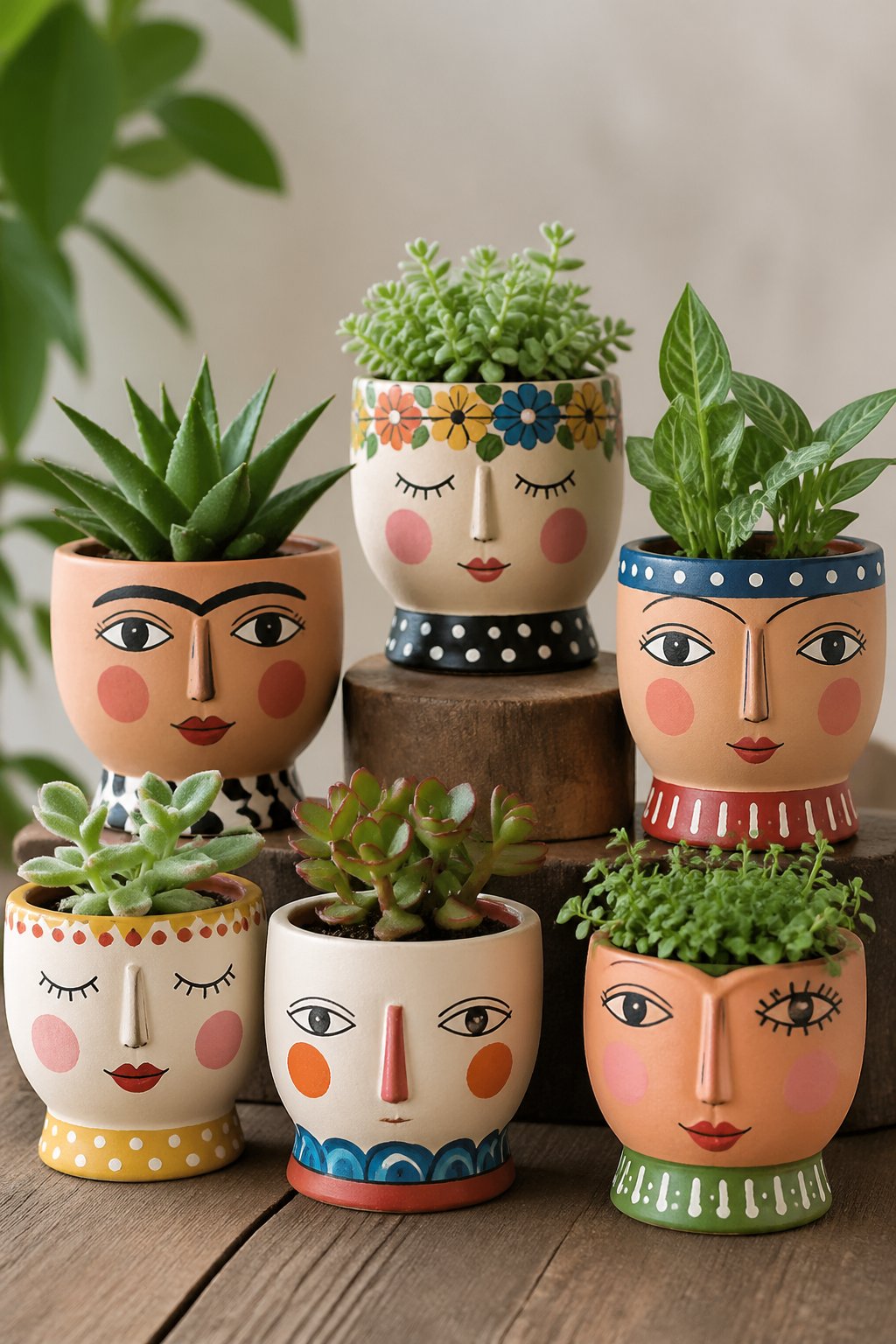 A group of colorful hand-painted clay face pots with small green plants on a wooden surface.