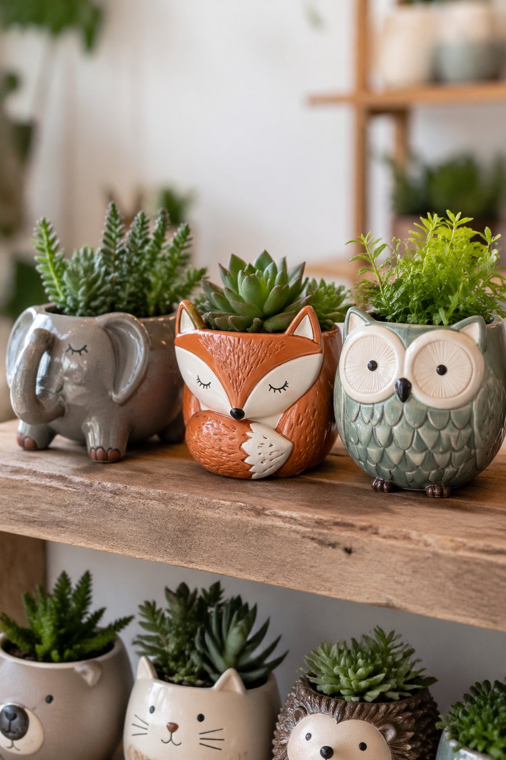 A collection of animal-shaped ceramic planters with green plants displayed on a wooden shelf.