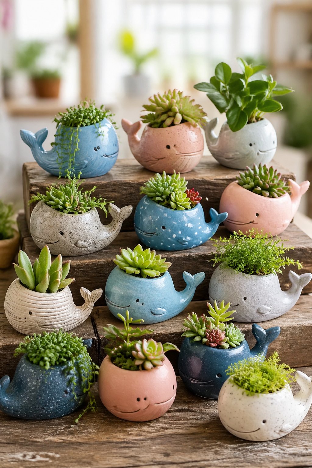A group of 12 clay whale-shaped planters filled with green plants arranged on a wooden surface.