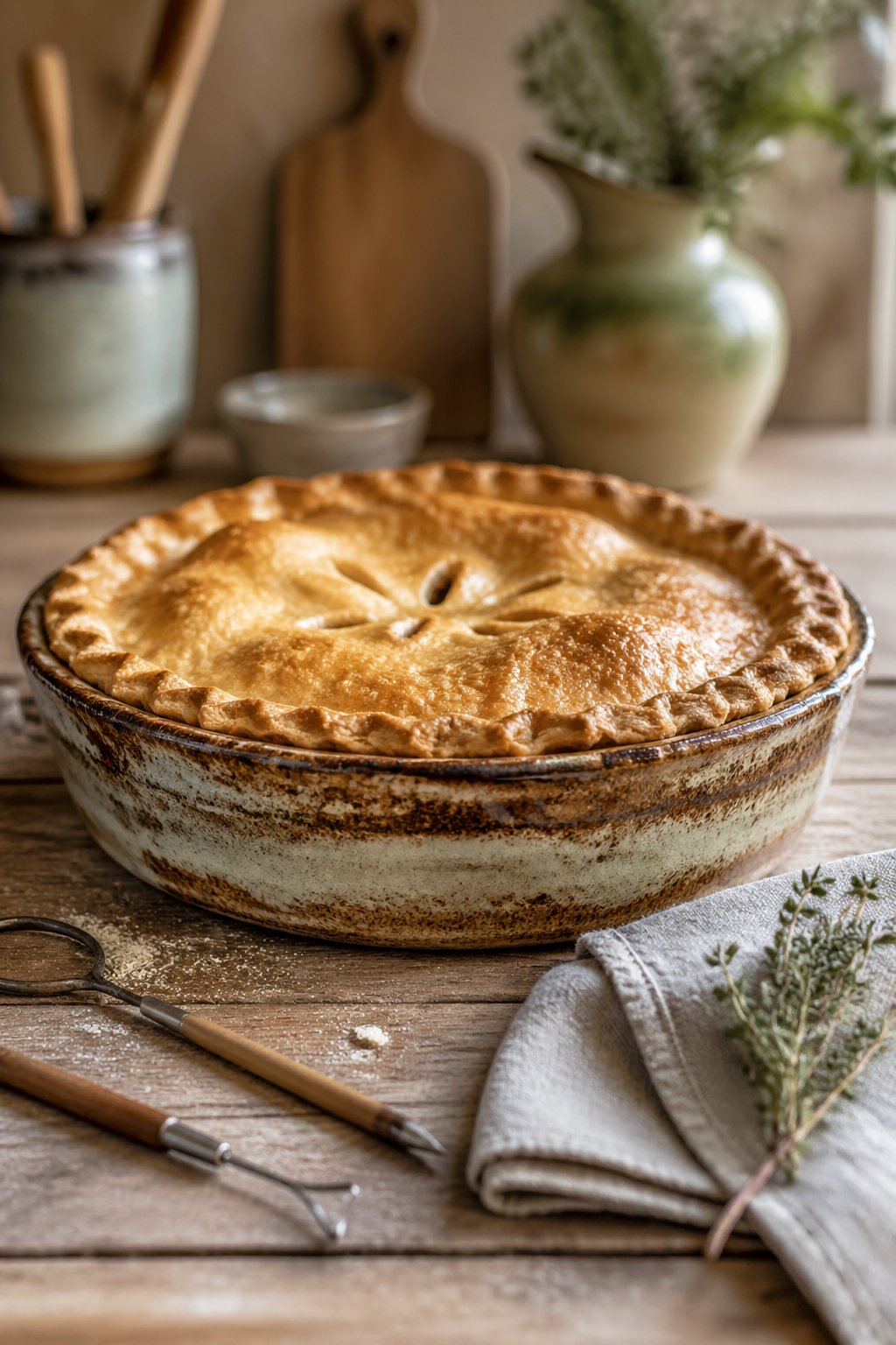 A handmade ceramic pie dish with a freshly baked pie on a wooden table, surrounded by pottery tools and herbs.