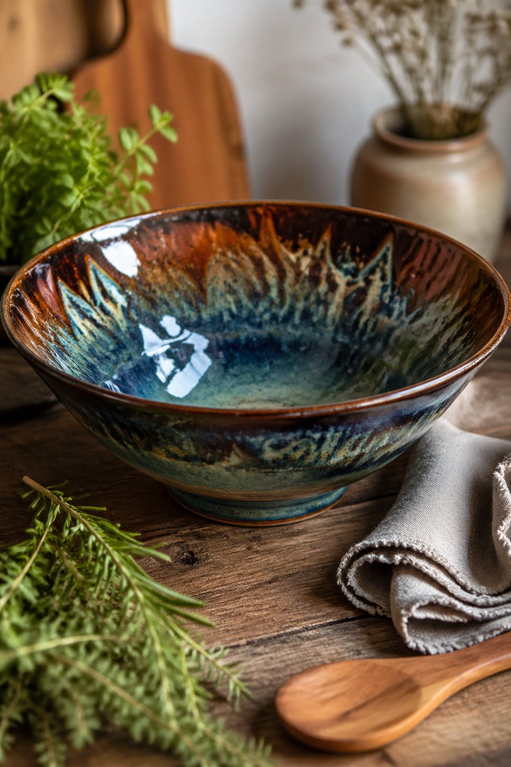 A handcrafted glazed serving bowl on a wooden table with herbs and a wooden spoon nearby.