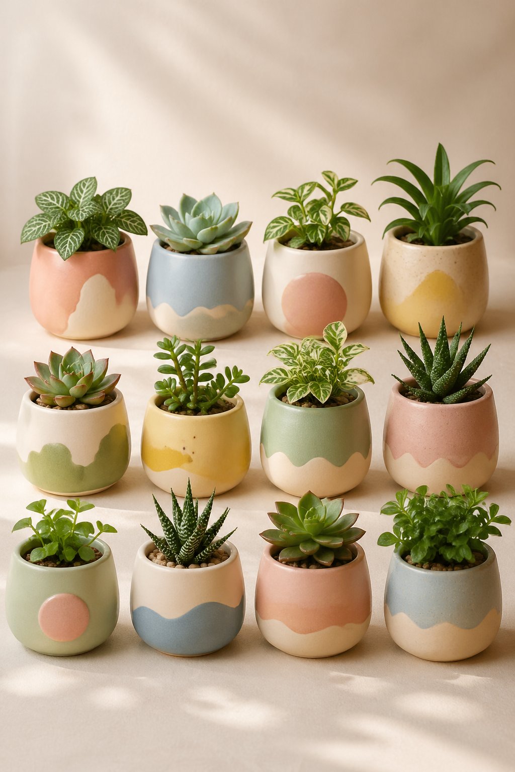 Twelve pastel-colored clay planters with small green plants arranged on a plain surface.